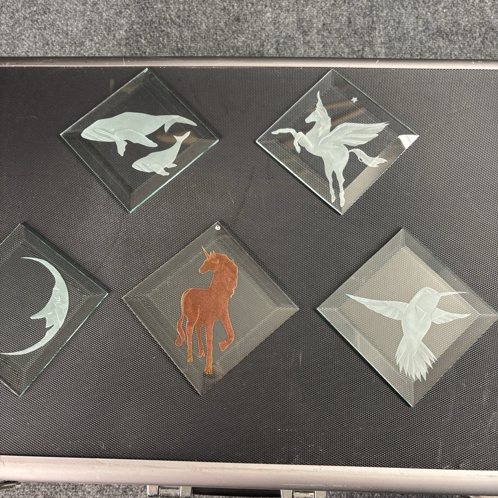 5 Vtg Stained Glass Square Panel Beveled Etched Suncatchers Handmade